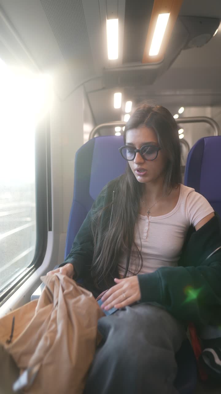 mujer viajando en tren