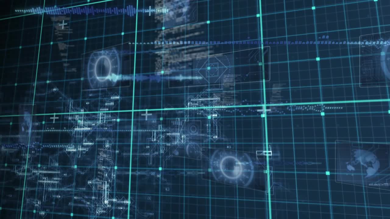 Playback starting, teal grid HUD shifting, nodes pulsing, panels appearing, showing data flows