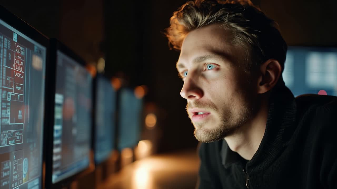Focused Individual Analyzing Data on Multiple Monitors, Engaged in Deep Thought While Surrounded by High-Tech Screens and Visual Displays in a Dimly Lit Environment