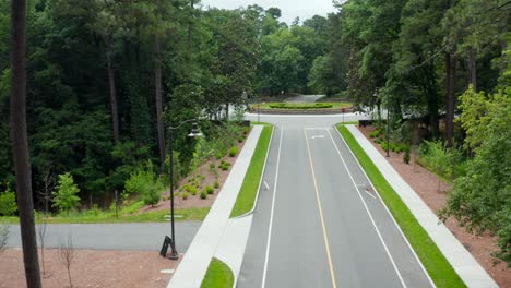 opening shot among forest trees above side leads to traffic circle and landscaped flower bed