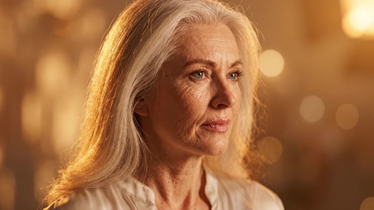 A Thoughtful Transformation: Capturing the Graceful Aging Process of a Woman with Radiant Red Hair to Silvery Elegance in a Softly Lit Environment