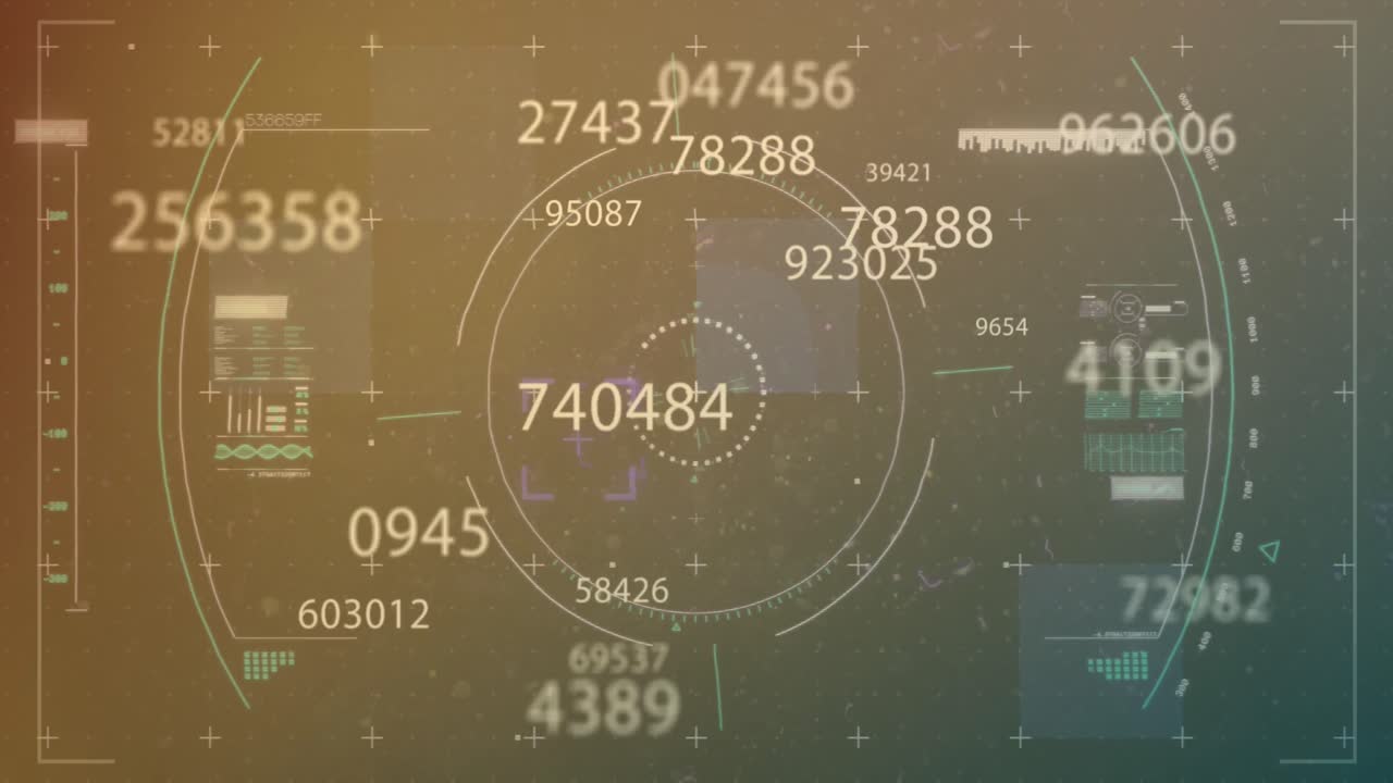 animación del efecto de glitch y escaneo de alcance sobre múltiples números cambiantes contra un fondo gris