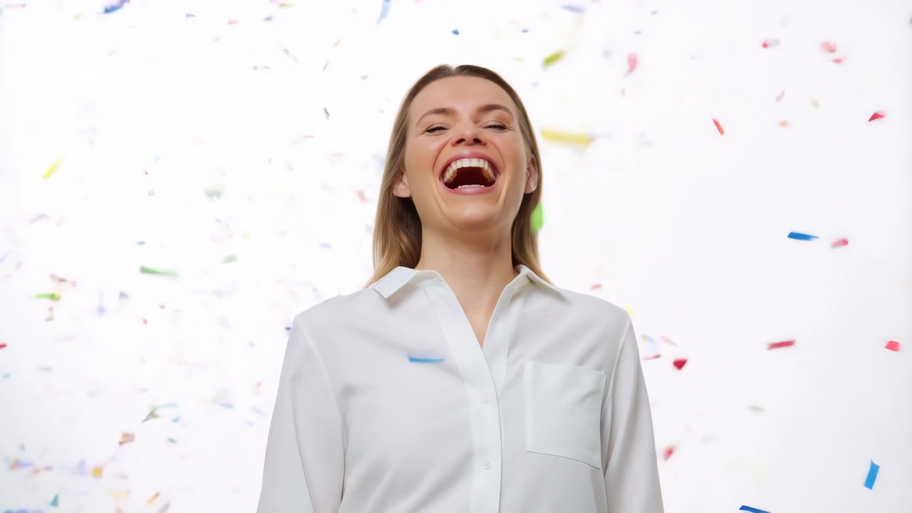 Una donna adulta ride apertamente mentre coriandoli di carta multicolori le cadono intorno contro uno sfondo bianco brillante da studio, creando un'atmosfera allegra e festosa con un'illuminazione pulita e ad alta chiave e accogliente
