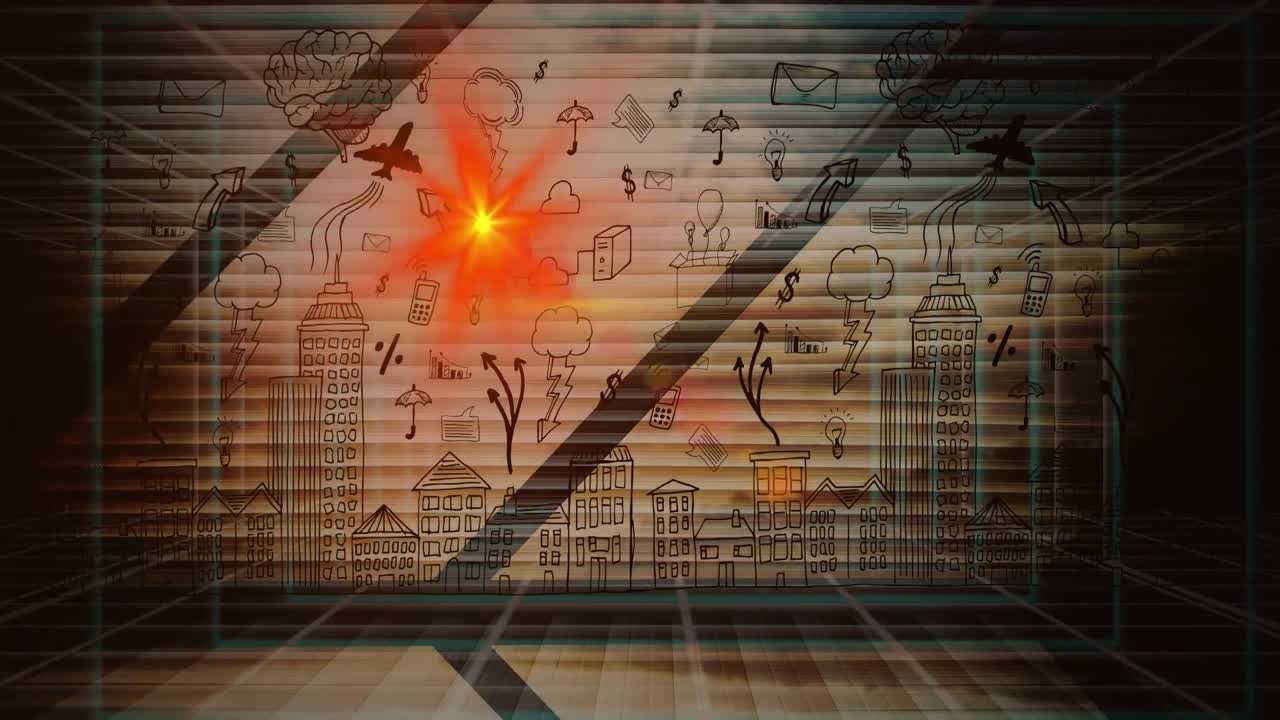 도시 풍경과 함께 창문 위에 반이는 빨간 빛의 애니메이션.