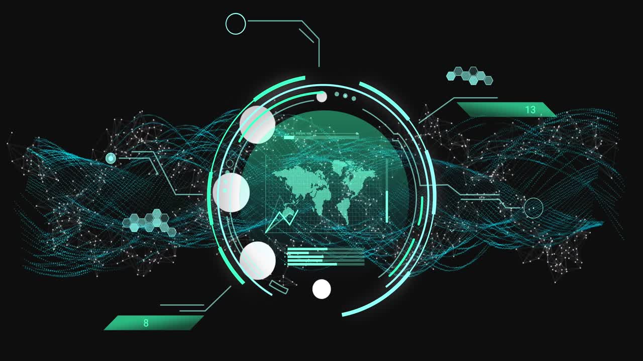 Animation of data processing and scope scanning over shapes and world map