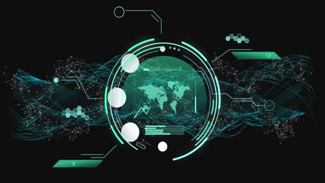 Animation-of-data-processing-and-scope-scanning-over-shapes-and-world-map