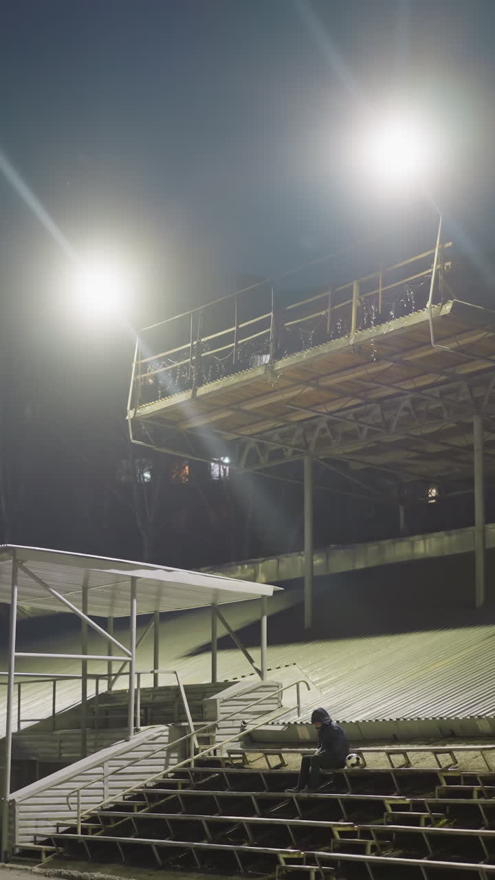 A man dressed in black and wearing a jacket sits quietly in an empty stadium at night, with a soccer ball by his side, the background is illuminated