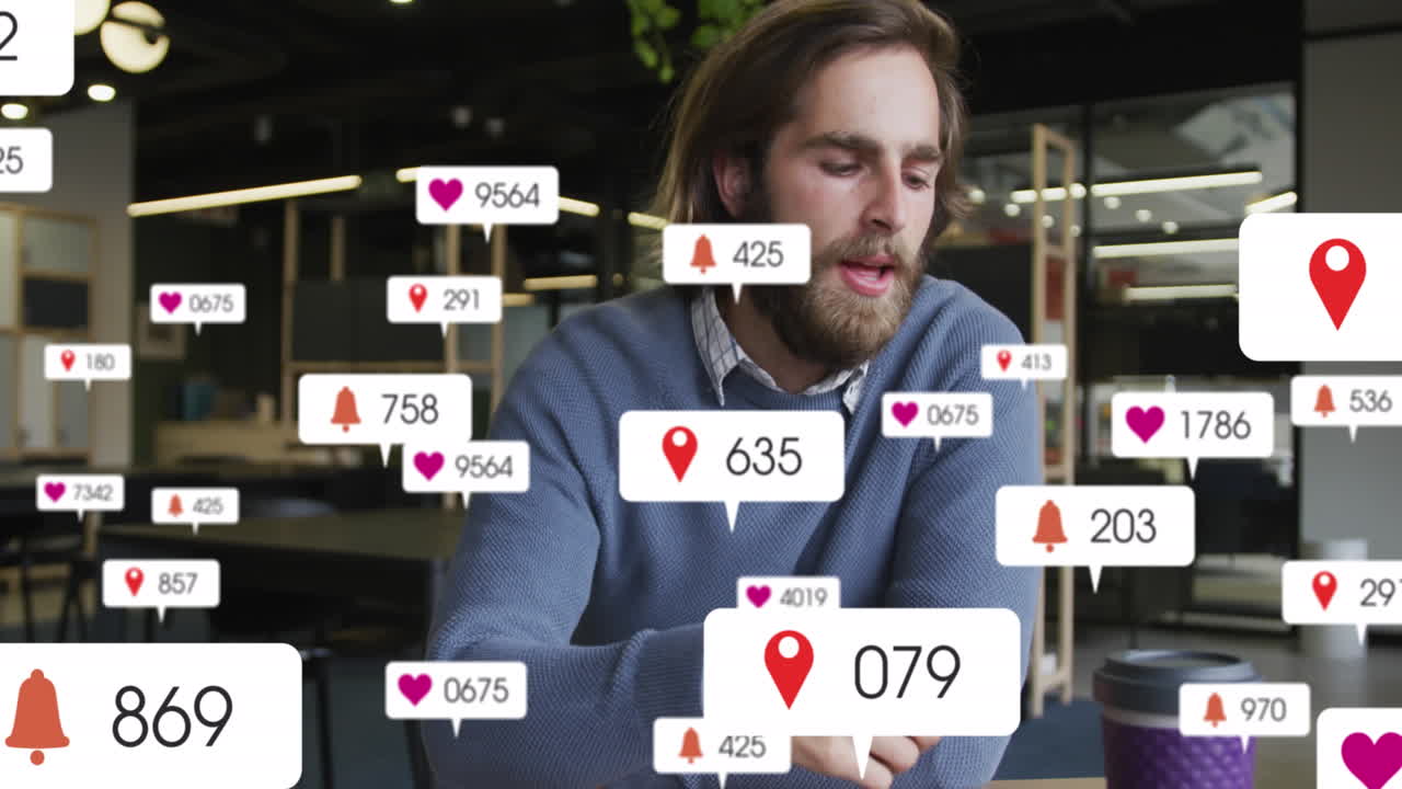 Animation of social media data processing over caucasian businessman on video call