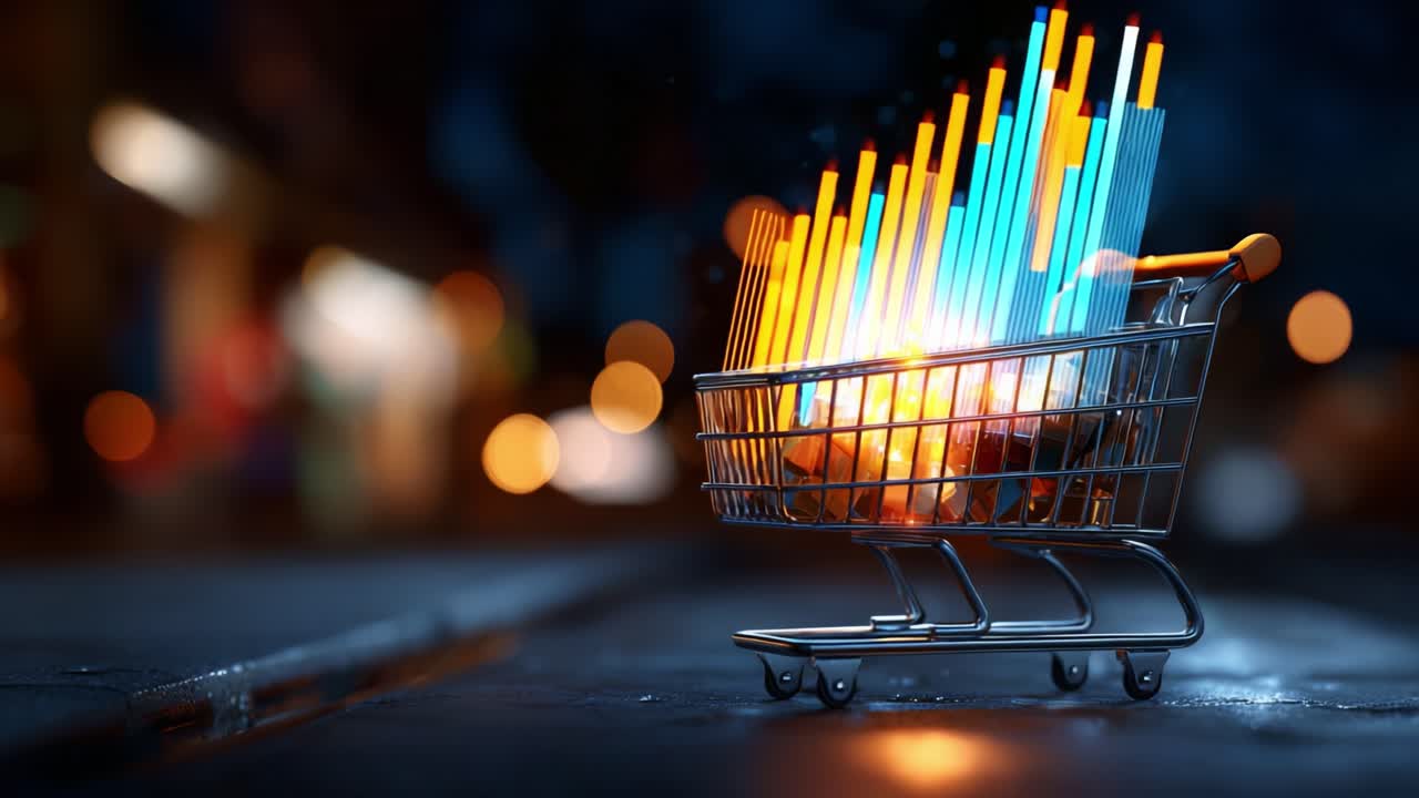 A Dynamic Shopping Cart with Vibrant Data Visualizations in a Nighttime Urban Setting, Highlighting the Intersection of Retail and Technology Through Animated Graphical Elements