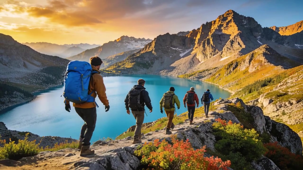 Fünf Wanderer in Jacken steigen einen Grat hinab zu einem türkisfarbenen See, mit blauem Rucksack.