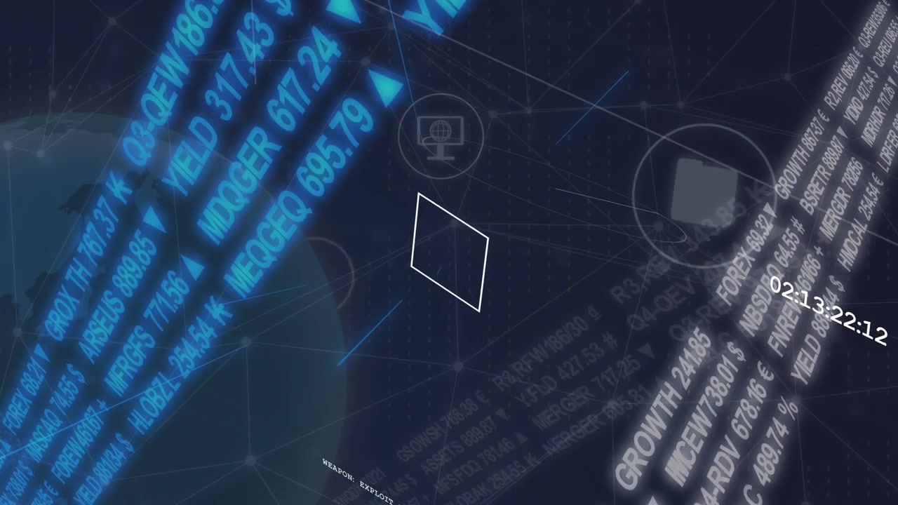 Diagonal ticker starting sweep, globe turning, nodes pulsing, rhombus holding data for live market