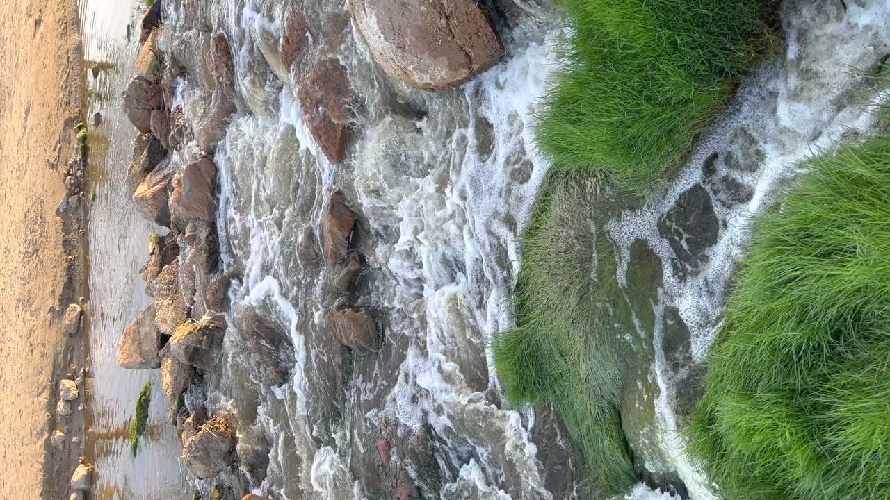 푸른 잔디 가 있는 바위 사이 에서 해변 으로 흐르는 물줄기, 수직 시야