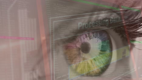 animation of digital screen with data processing over eye of caucasian woman