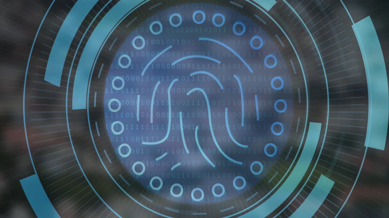 Digital fingerprint glowing center, binary code scrolling behind, forming HUD rings