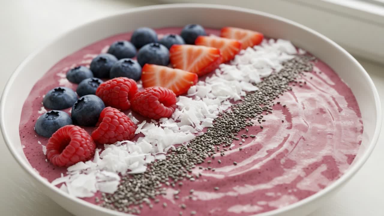 Delicious and Colorful Smoothie Bowl Topped with Fresh Berries, Coconut Flakes, and Chia Seeds, Perfect for a Healthy Start to Your Day