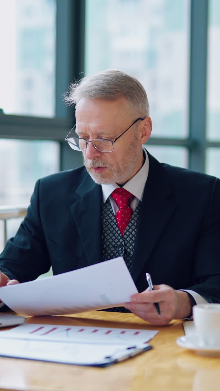 Serious senior businessman in cafe. Businessman working on business project in city cafe. Vertical video