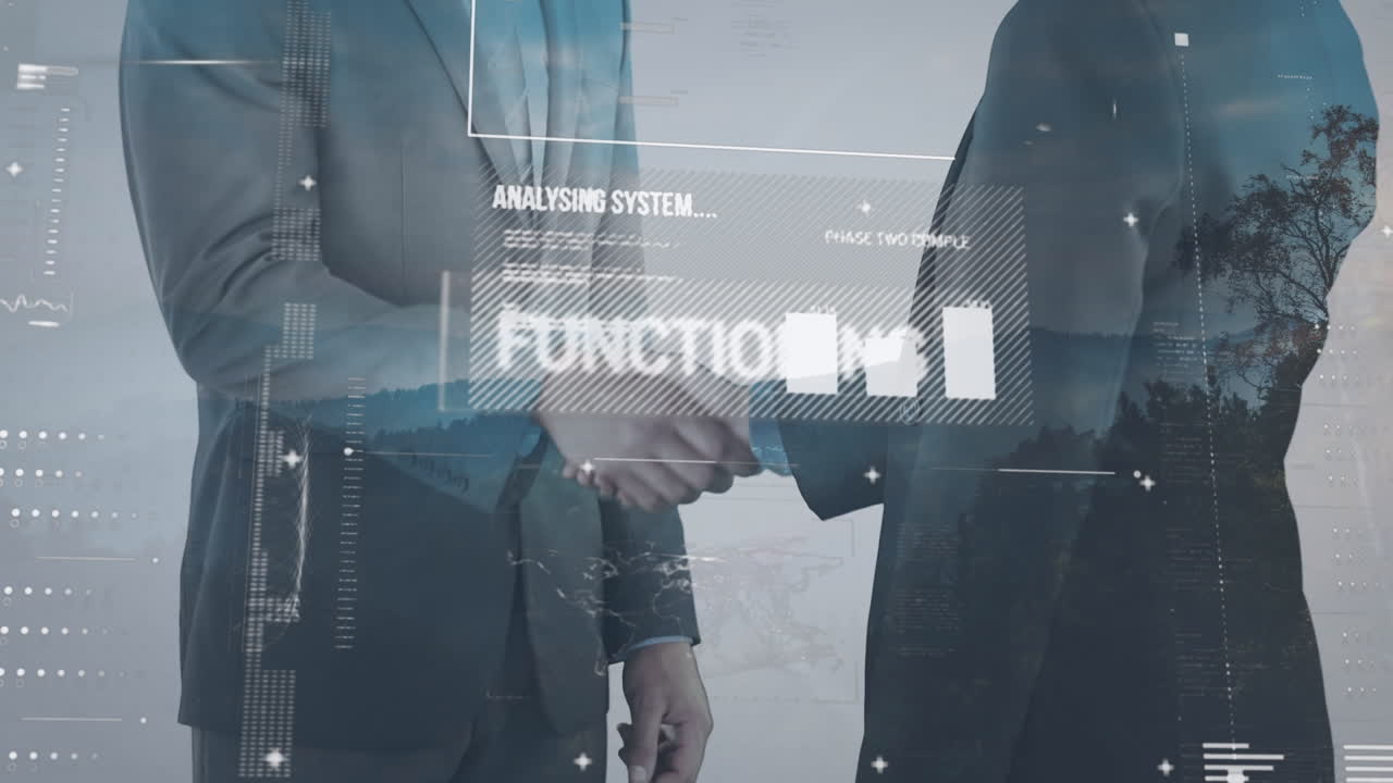 Animazione di elaborazione di dati finanziari su persone d'affari caucasiche che si stringono la mano