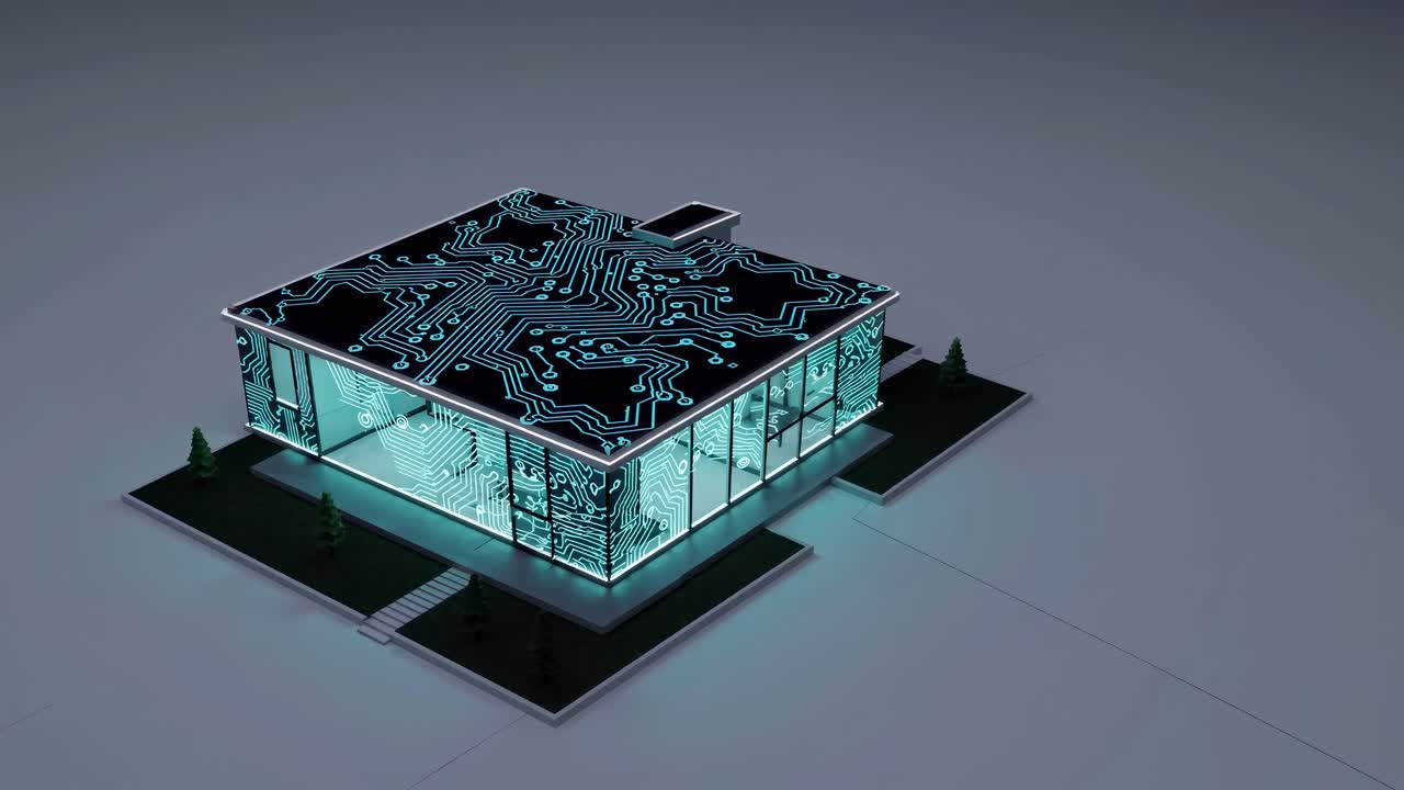 Futuristinen rakennus piirikuvioilla, kuvattuna yläkulmasta
