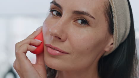 modelo de pov aplicando la fundación en el interior. retrato de una mujer usando esponja de maquillaje