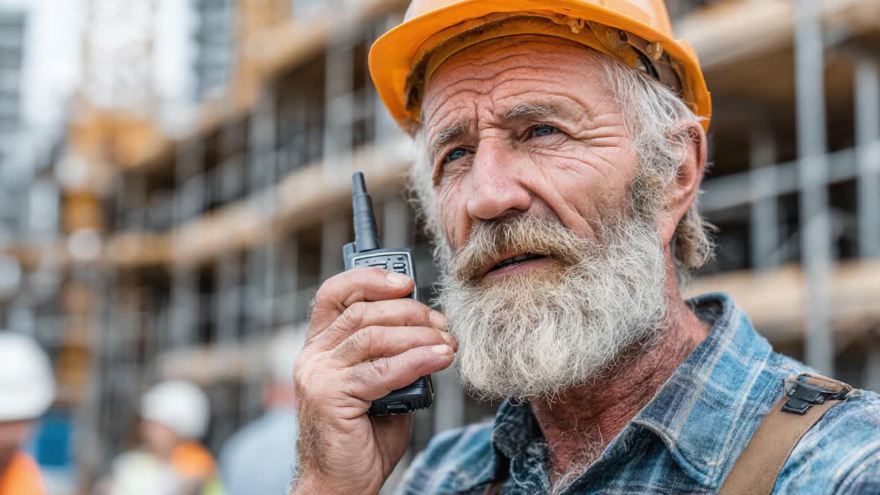 A seasoned construction worker communicates with his team on-site, showcasing expertise and leadership against a backdrop of ongoing building projects