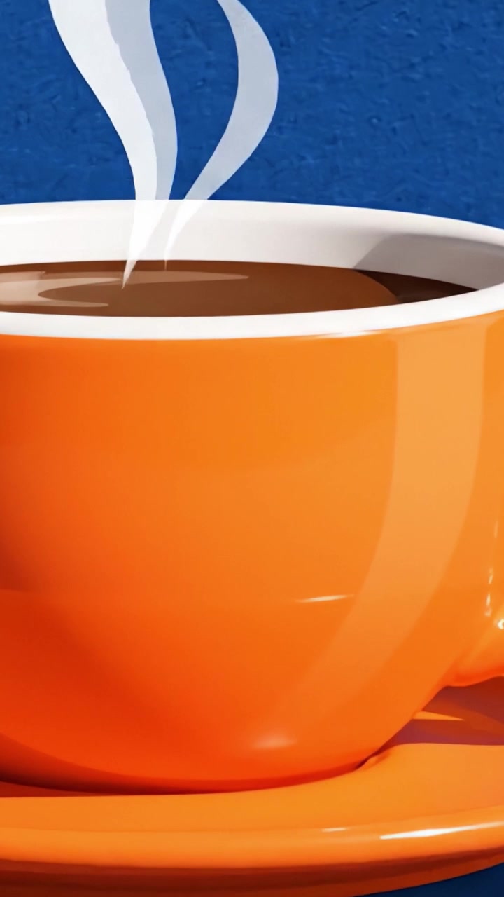 Una Tazza di Caffè Accattivante: Mettendo in Risalto una Tazza Arancione Vivace con Caffè Ricco e Appena Fatto e Aroma Fumante su uno Sfondo Blu Sorprendente