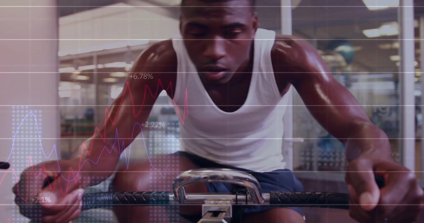 Man pedaling bike in gym, increasing effort causing HUD grid metrics overlaying torso and updating
