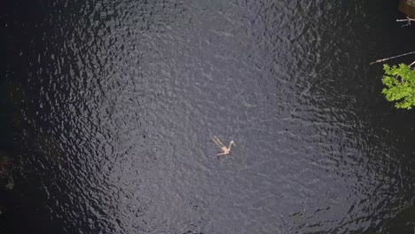 1 million $ aerial view flight drone footage man swims lonely in lake for waterfall river vertical bird's eye view drone
of thailand jungle waterfall koh kood, day dezember 2022