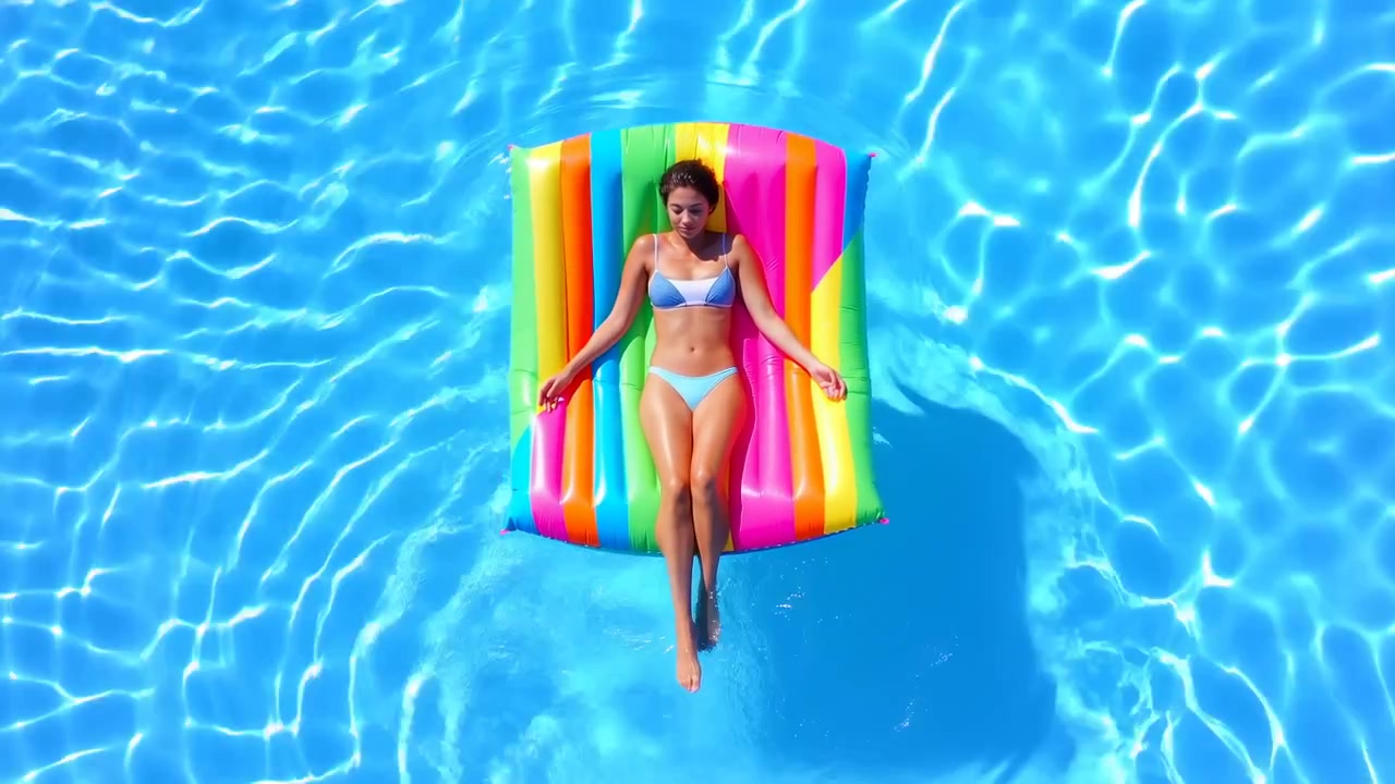 Vista aérea mostra uma mulher flutuando calmamente em um colchão inflável listrado e colorido enquanto o movimento sutil da água desloca a boia e reflexos cintilantes se movem pela superfície da piscina.