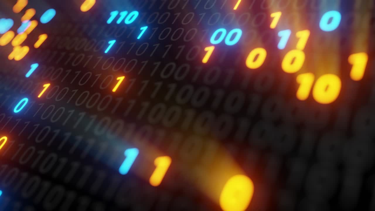 Abstract seamless blue and orange digital binary code matrix background VJ loop with flare.