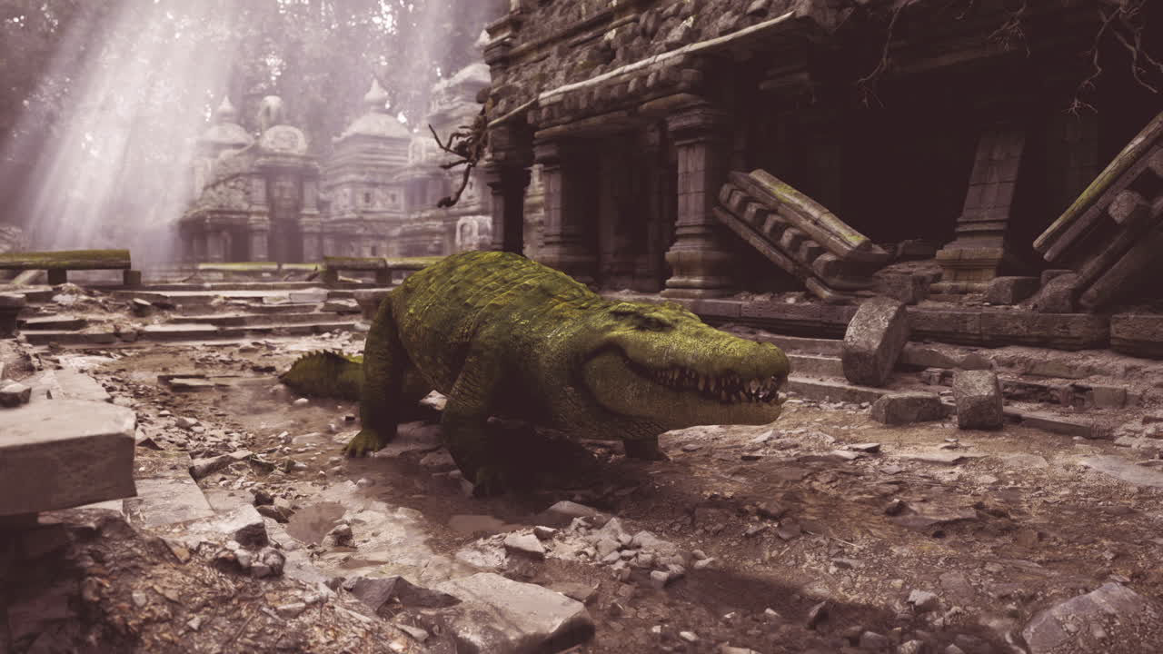 Crocodile wanders through ancient ruins in a misty jungle setting