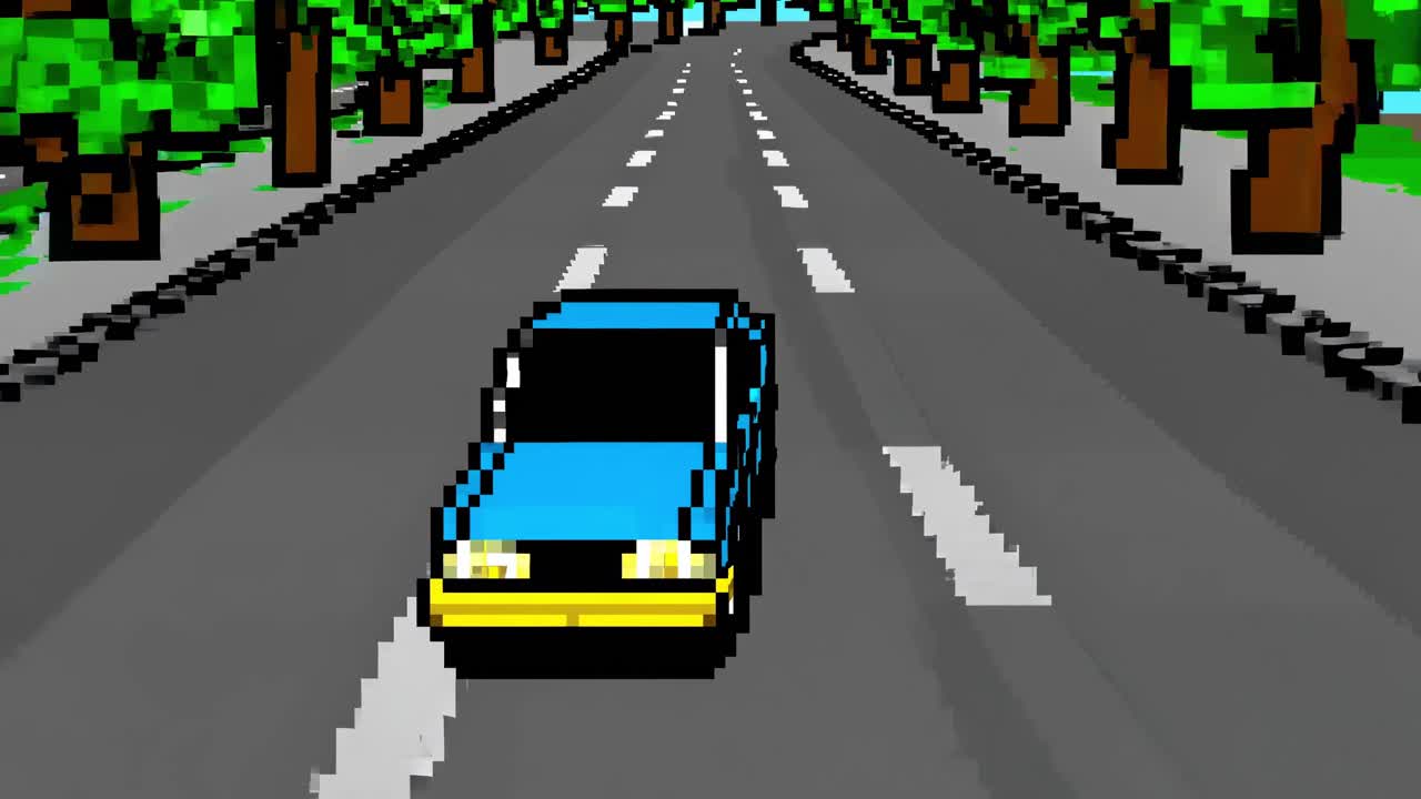 Blue pixelated car drives along a tree-lined road, showcasing a dynamic motion sequence with vibrant colors and retro gaming aesthetics