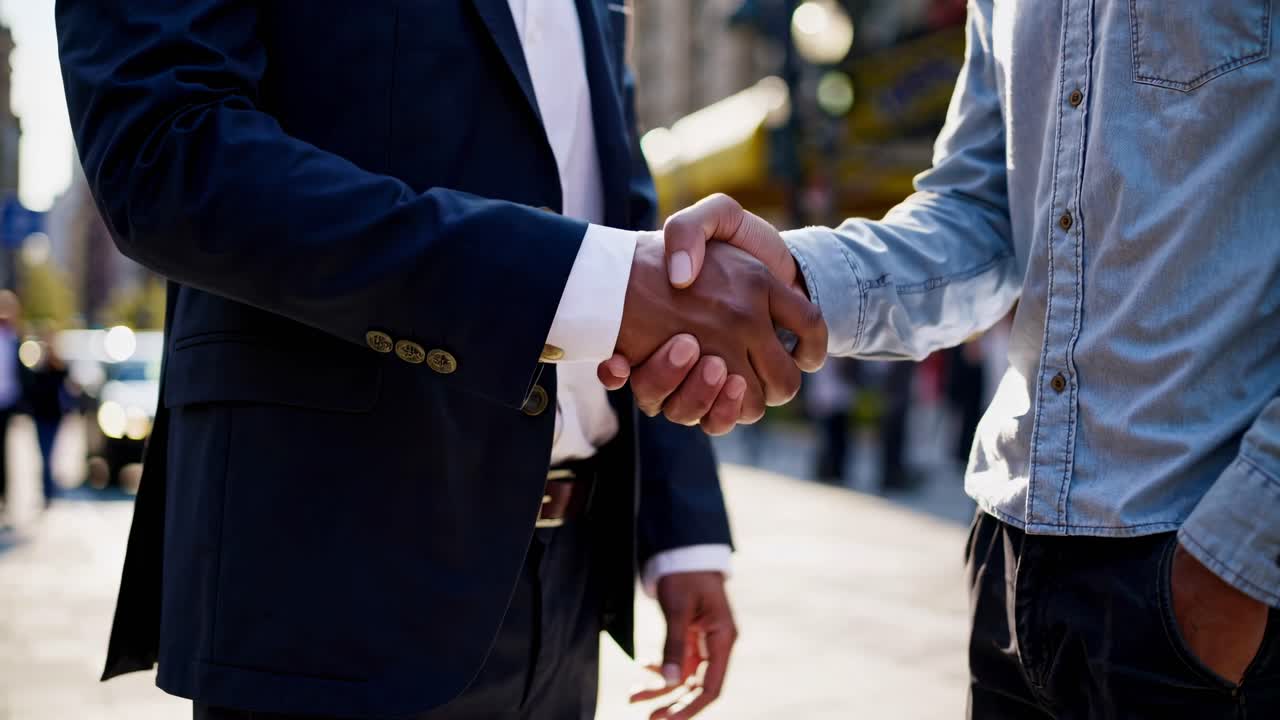Street-level video captures two men in conversation, one in a suit, the other in denim