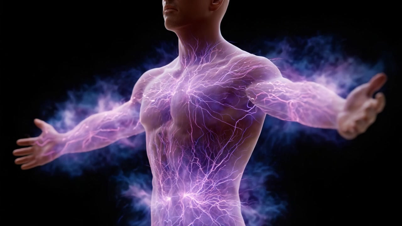 An Ethereal Display of Energy: A Human Figure Surrounded by Electric Plasma Clouds, Radiating Power and Strength in a Digital Artistic Representation