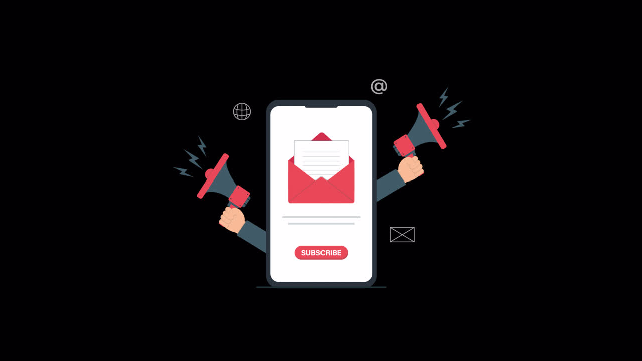 Smartphone animato che mostra l'iscrizione via email e marketing digitale