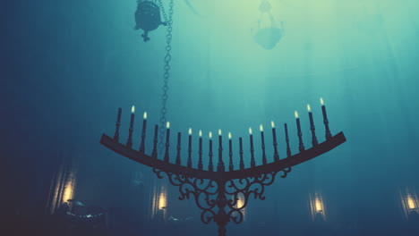 dark gothic chandelliers in a historic church