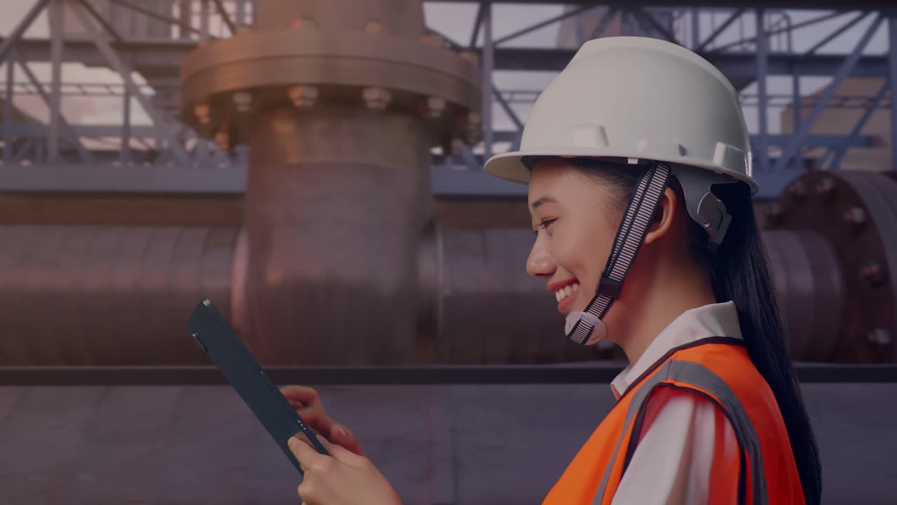 Vista Lateral de Engenheira Asiática Usando Tablet Enquanto Caminha Próximo à Rede de Tubulações Industriais ao Pôr do Sol