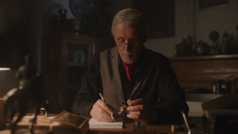 older passionate man evaluates an old silver skull watch in his office at night