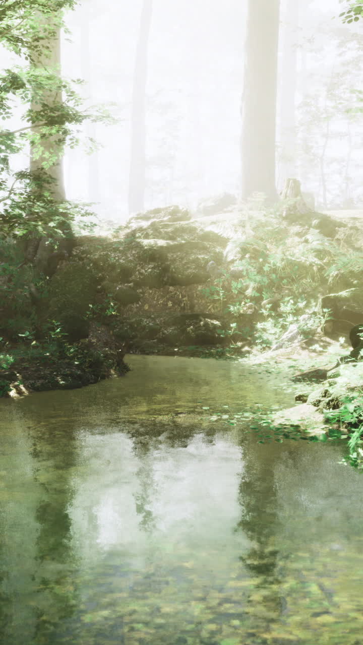 Lush forest with serene pond reflecting sunlight through tall trees