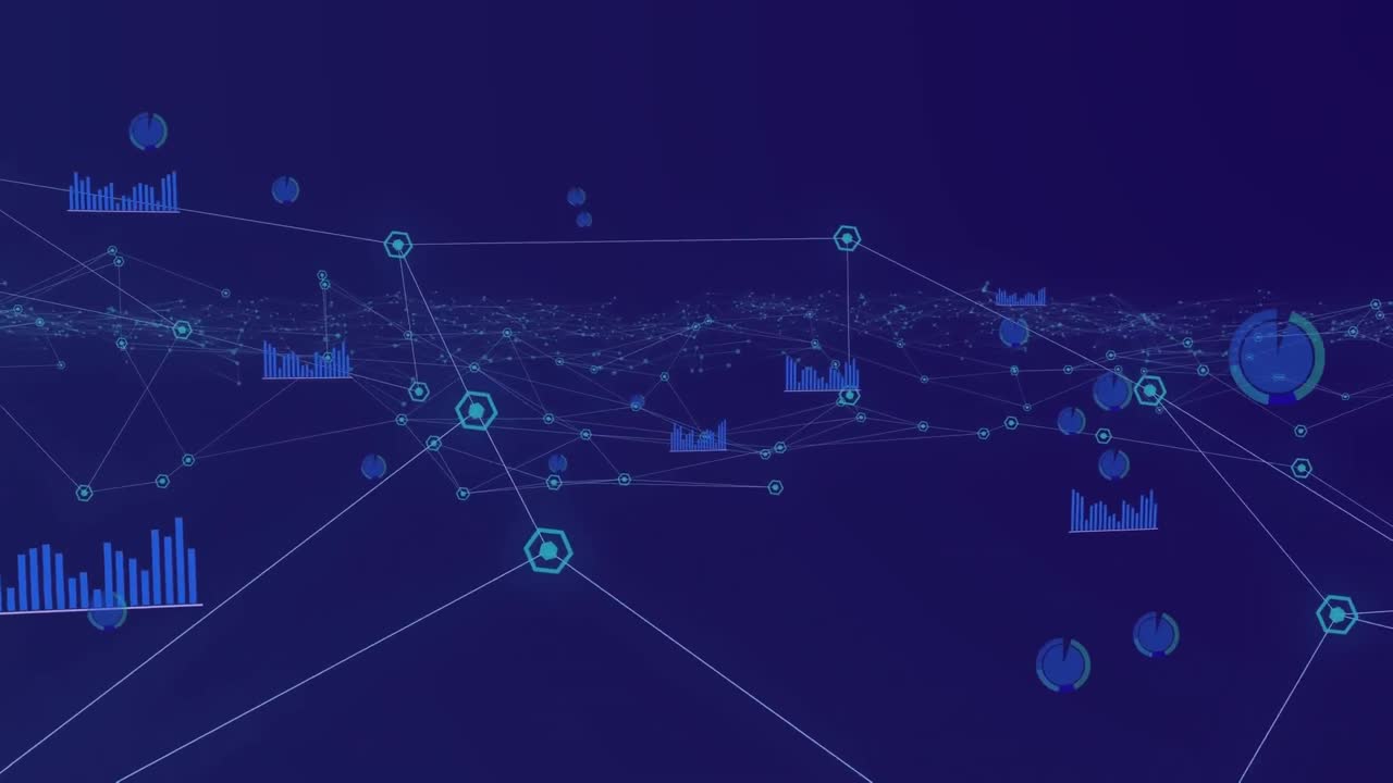 Digital animation of network of connections icons moving against blue background