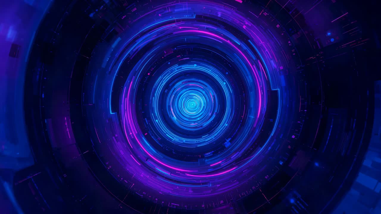 Animation starting vortex rotating neon rings moving inward dissolving fragments reforming loop