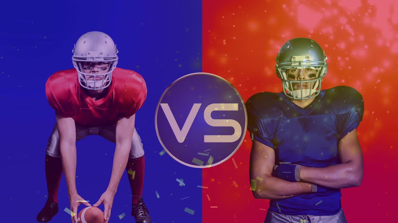 animación de confeti de oro cayendo sobre dos jugadores de fútbol americano masculinos con texto vs