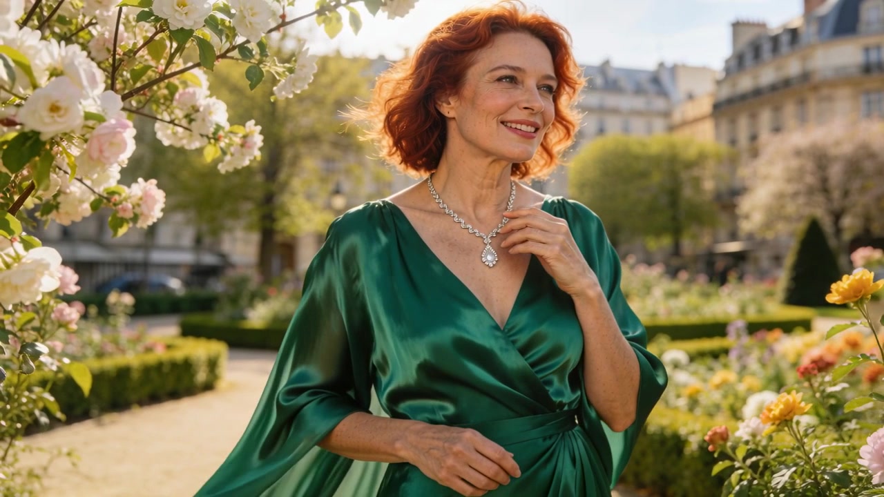 Donna dai capelli rossi che cammina in abito color smeraldo, sistemando un ciondolo mentre posa in giardino, con la brezza che fa ondeggiare.