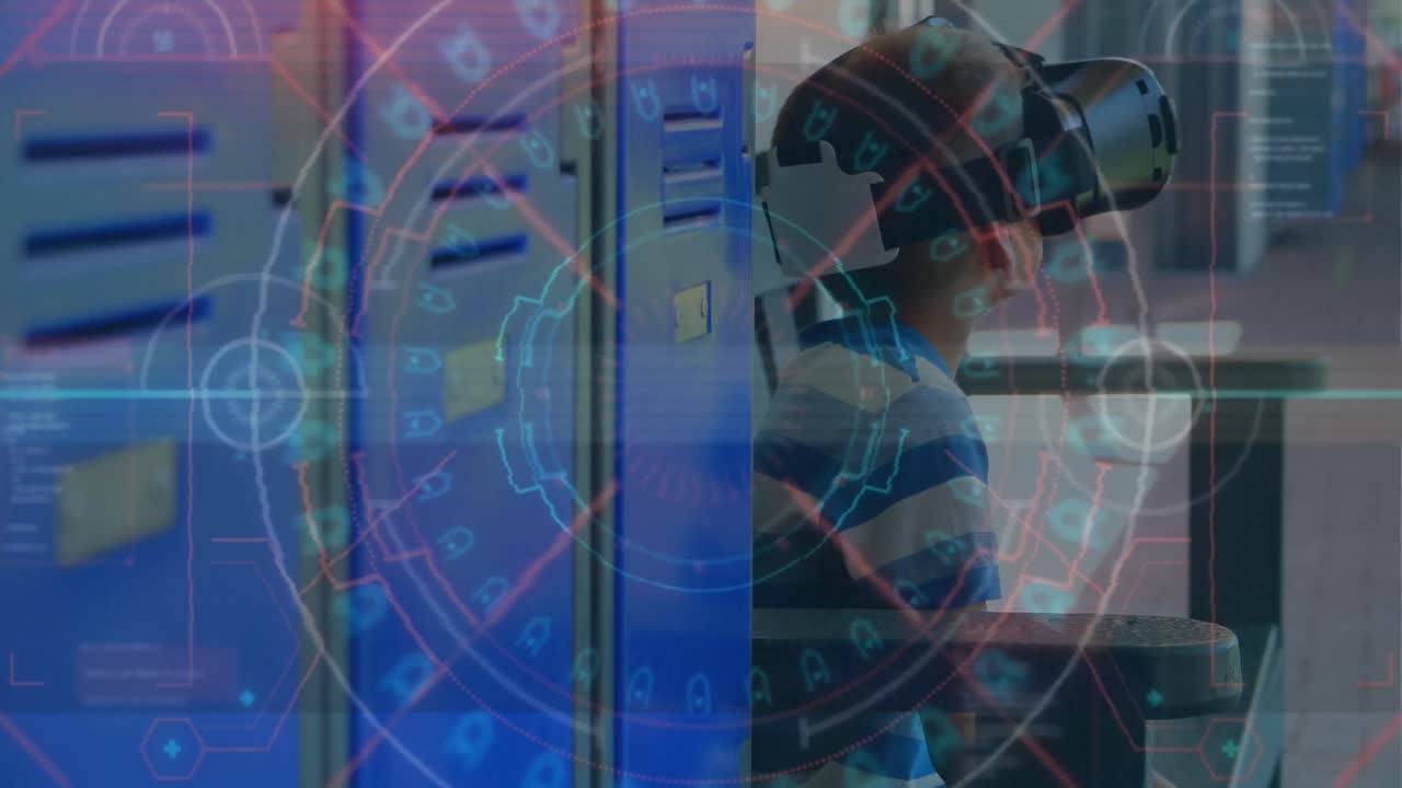 animación de escaneo de alcance y procesamiento de datos sobre un niño que usa auriculares vr