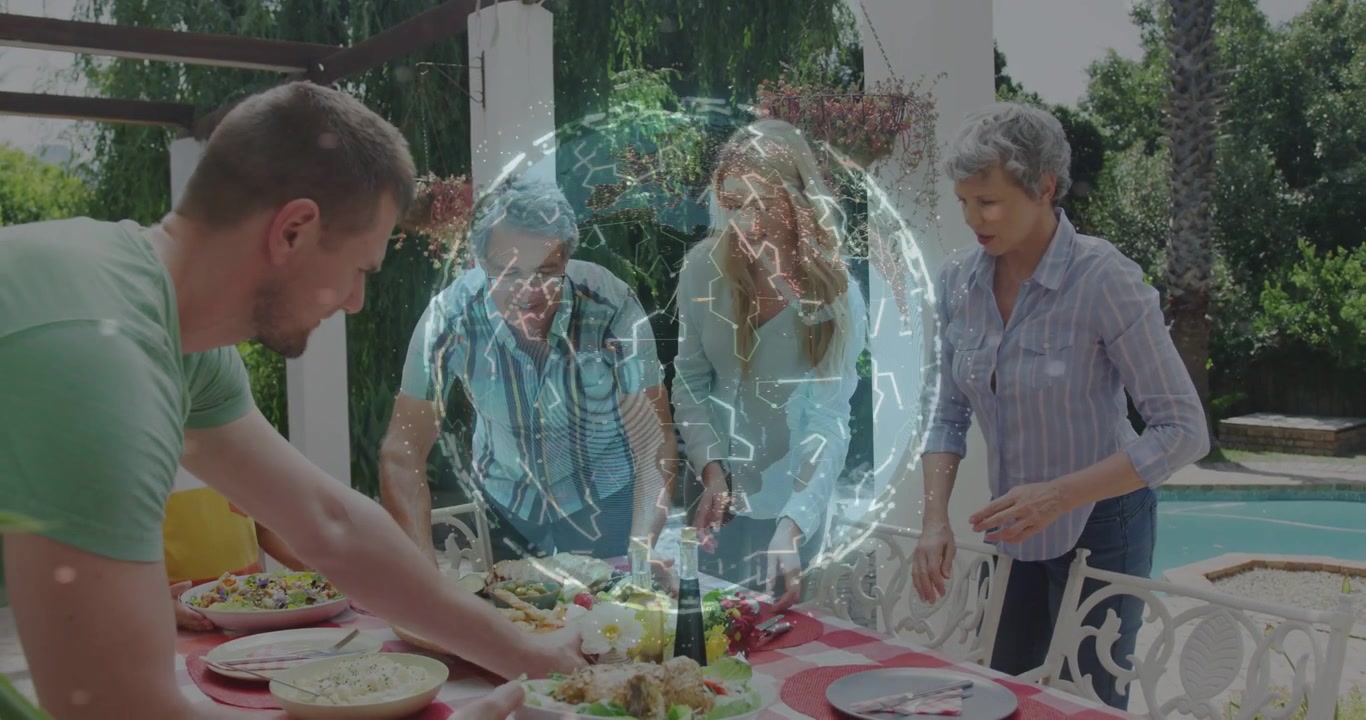 Vertical video: Reaching plates family passing bowls, hologram appearing, expanding organizing meal