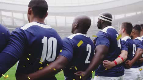 animation of confetti falling over football team at stadium