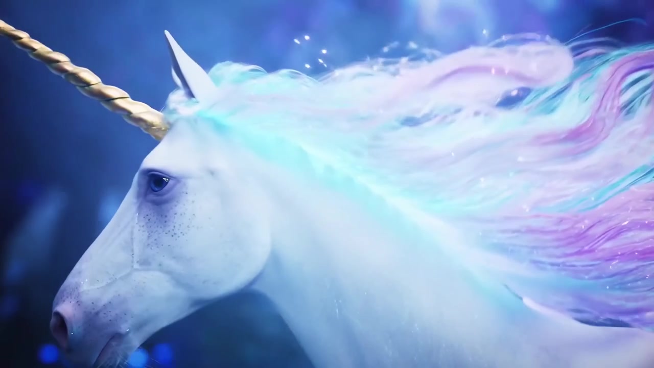 Unicornio blanco con crin colorida galopando por un bosque mágico