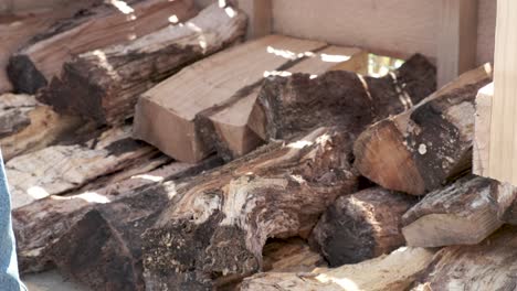 a man prepares for winter by stacking firewood in his backyard