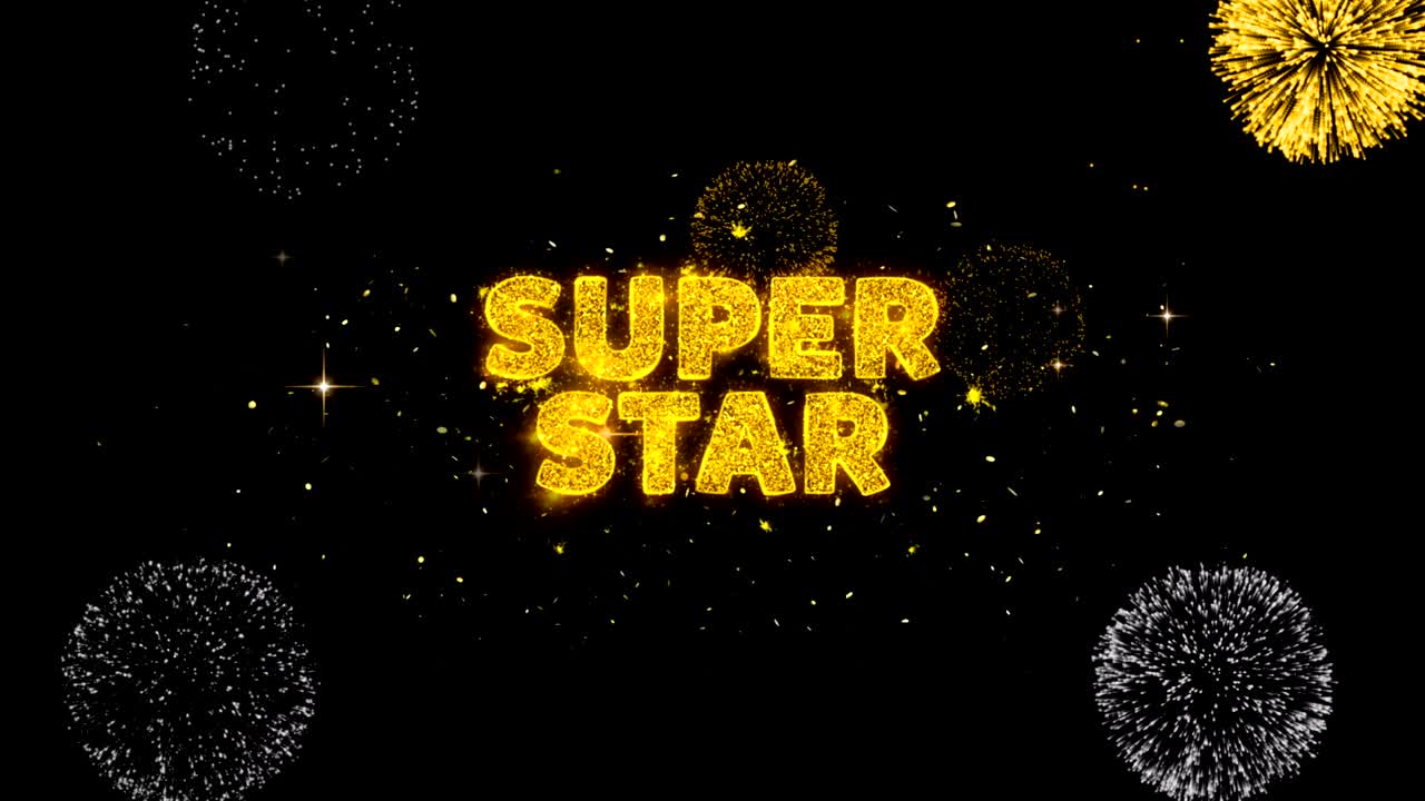 슈퍼 스타 텍스트는 반이는 황금 입자 불꽃놀이를 보여줍니다.