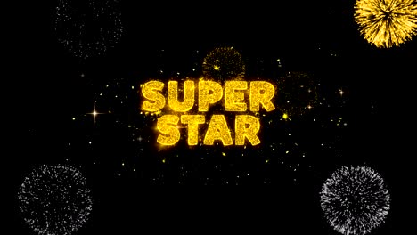 el texto de la superestrella revela en brillo partículas doradas fuegos artificiales.