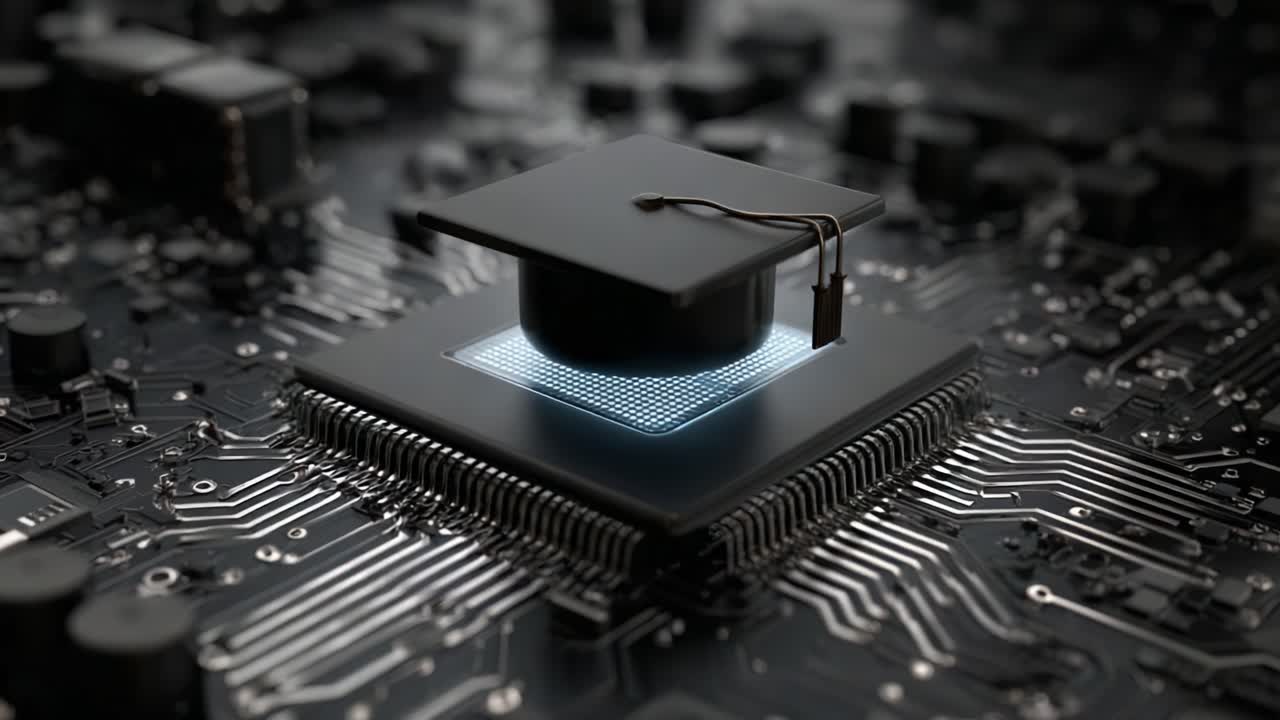 Exploring the Fusion of Technology and Education: A Graduation Cap Resting on a Microprocessor in an Intricate Circuit Board Landscape
